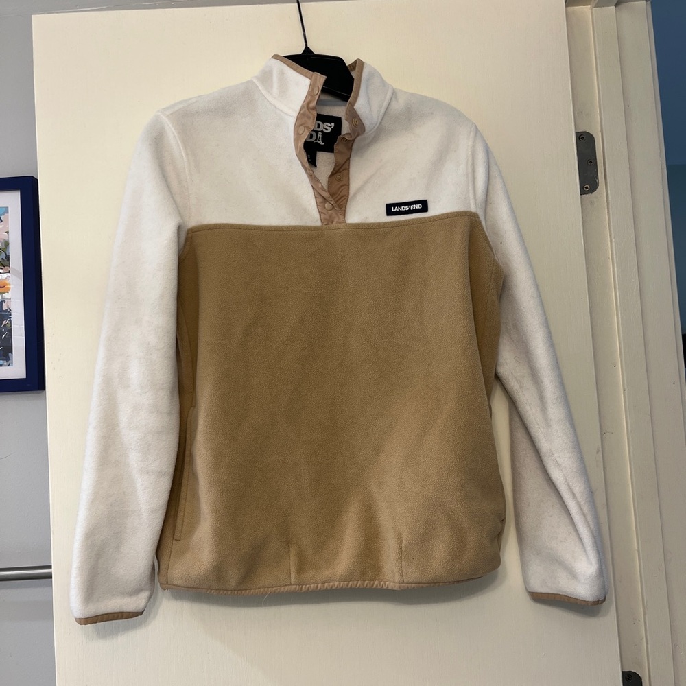 Lands’ End White and Tan Pullover Fleece outdoor Sz Small